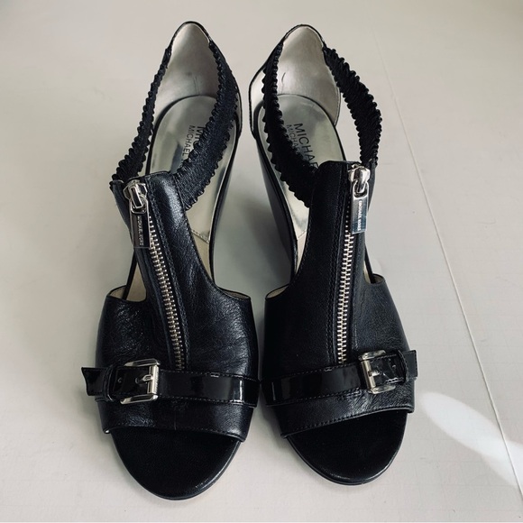 Michael Kors Black Leather Peep Toe Wedge- Sz 10 M - Picture 1 of 14